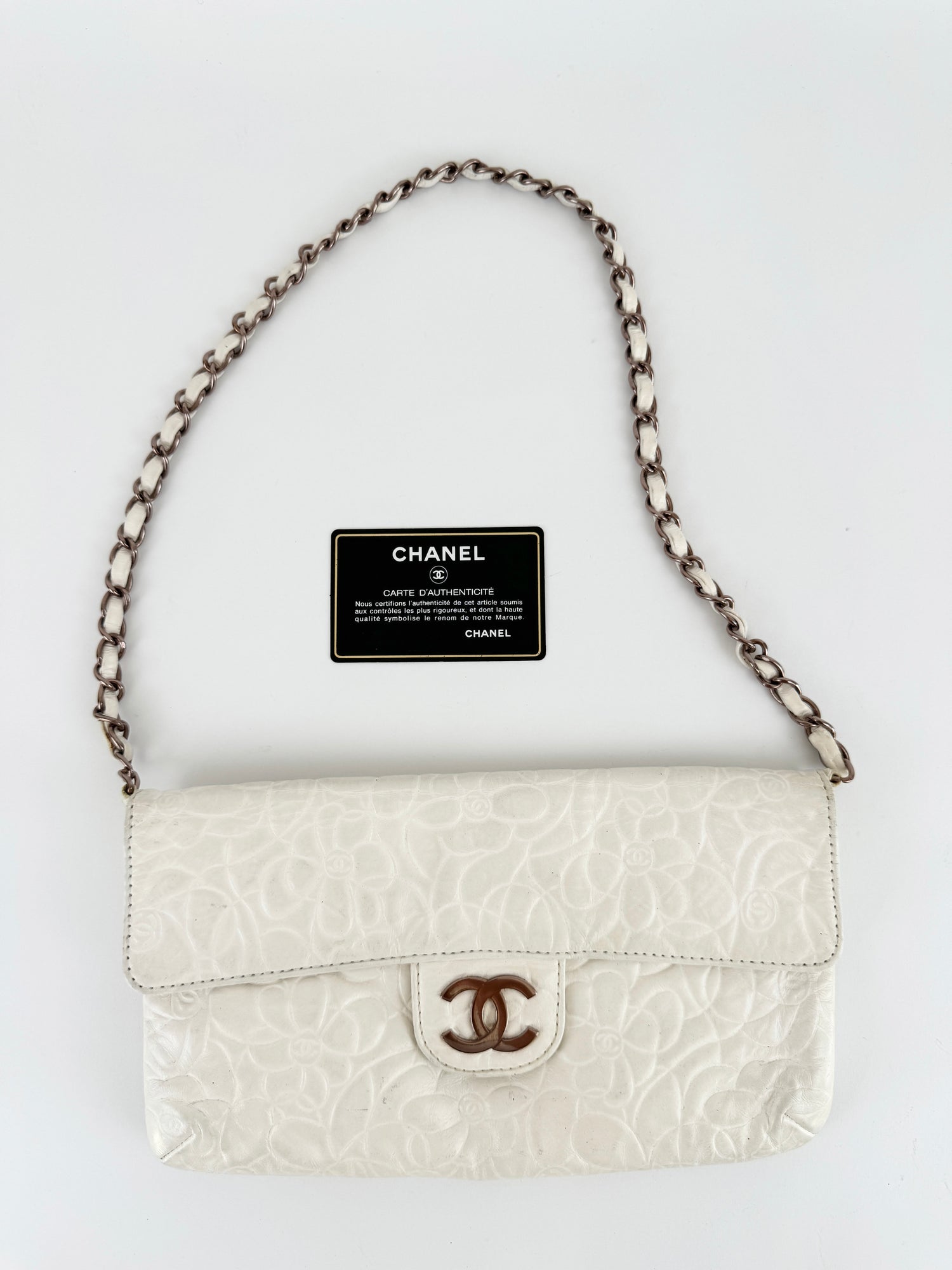 Vintage Chanel Camellia Classic Single Flap White Shoulder Bag (2003-2004)