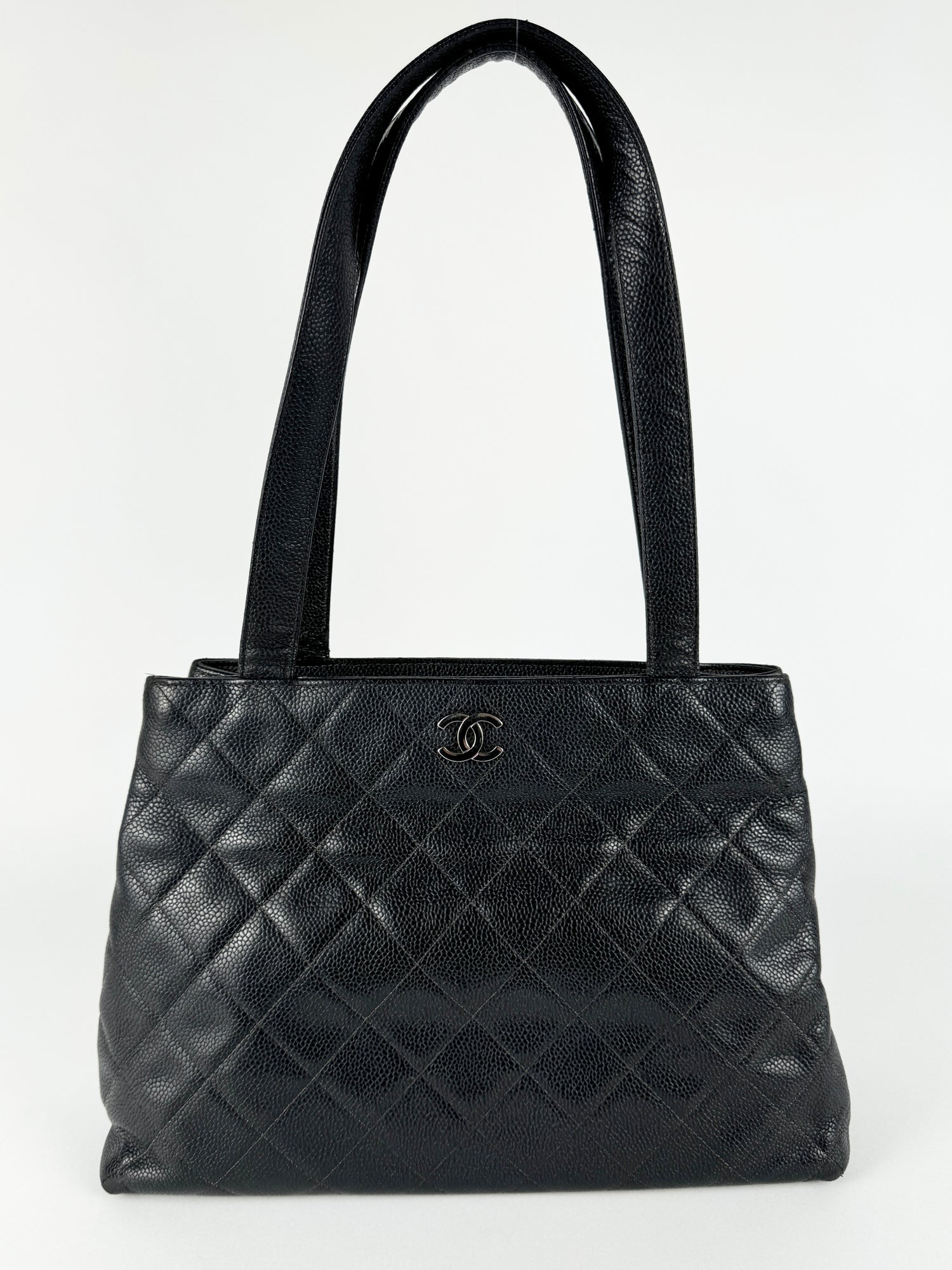 Vintage Chanel CC Black Caviar Quilted Matelasse Tote Bag