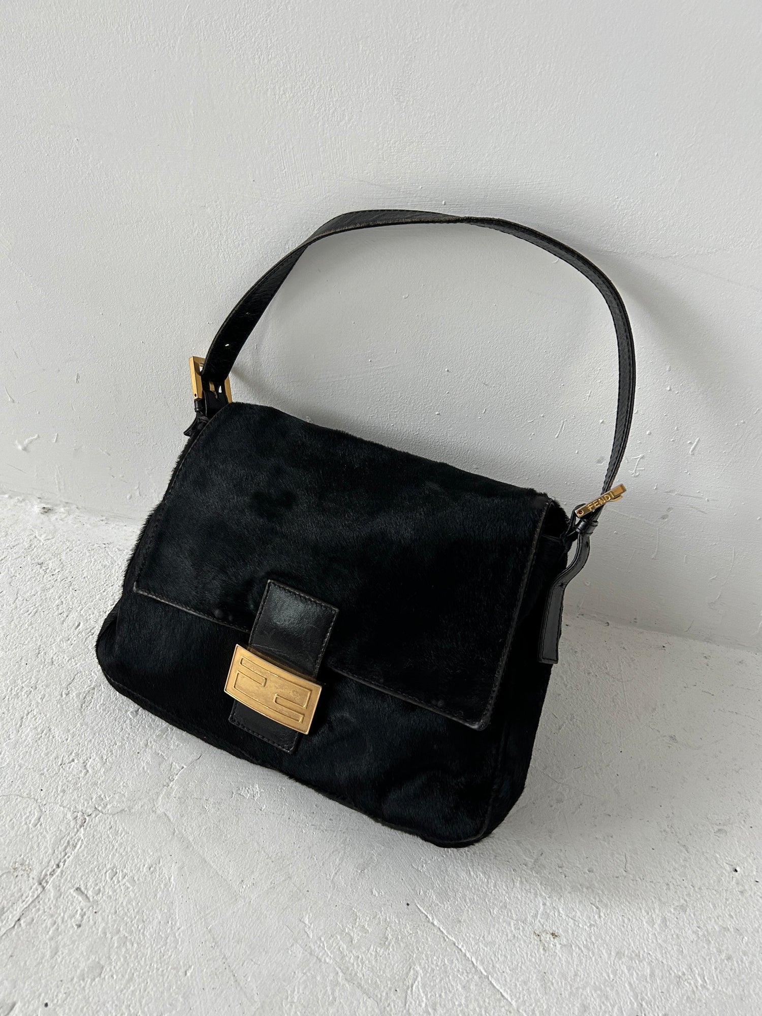 Vintage Fendi Black Pony Hair Mamma Baguette Shoulder Bag