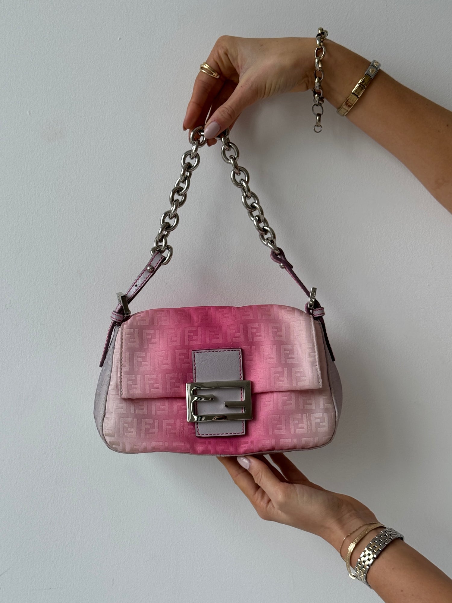 Fendi Zucca Pink Ombré Chain Mini Mamma Baguette Bag