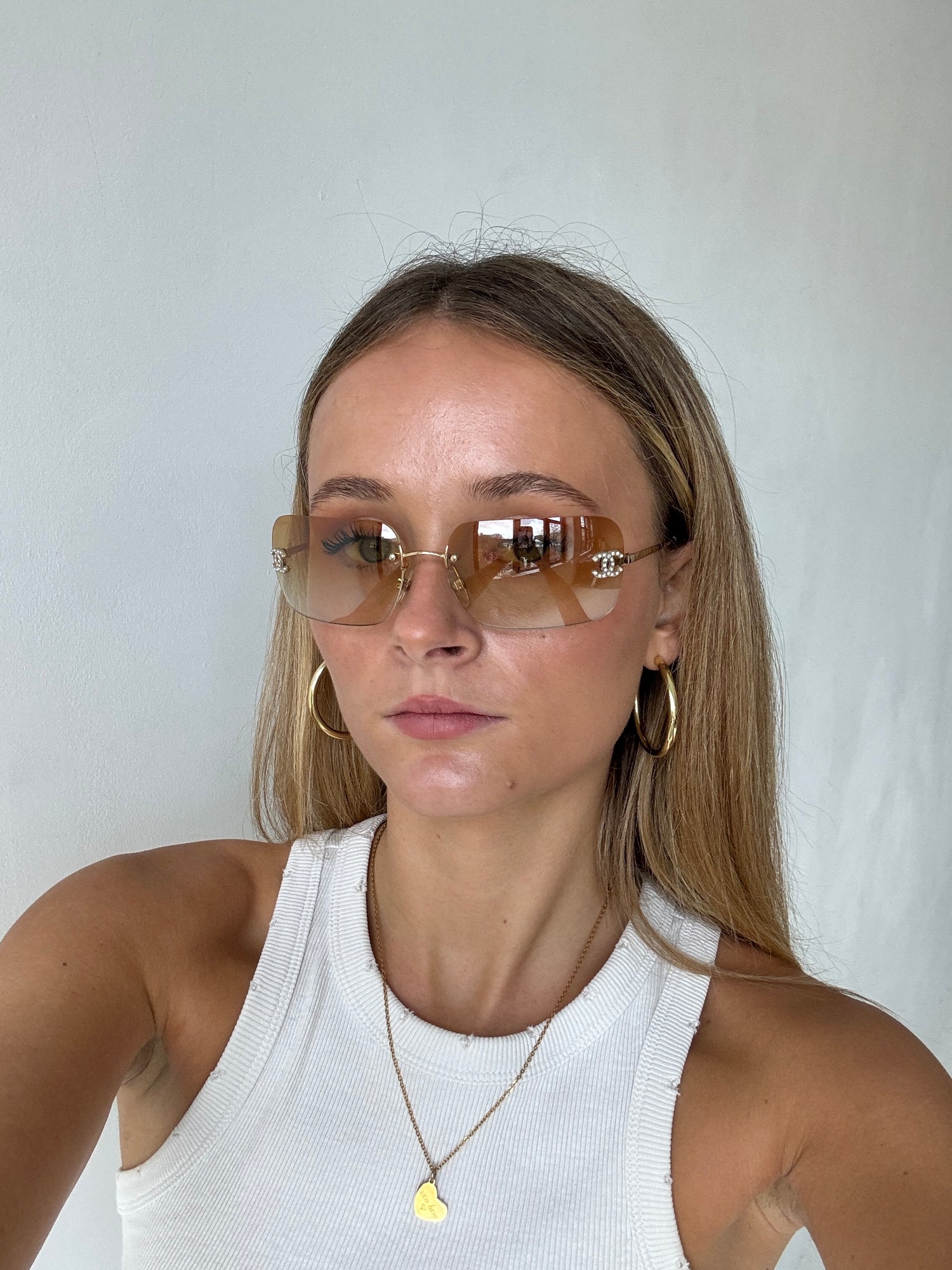 2000s Vintage Chanel CC Diamanté Rimless Sunglasses