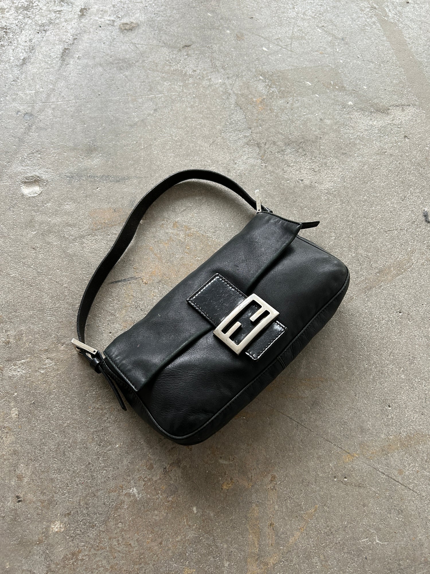 Vintage Fendi Black Leather Baguette Shoulder Bag