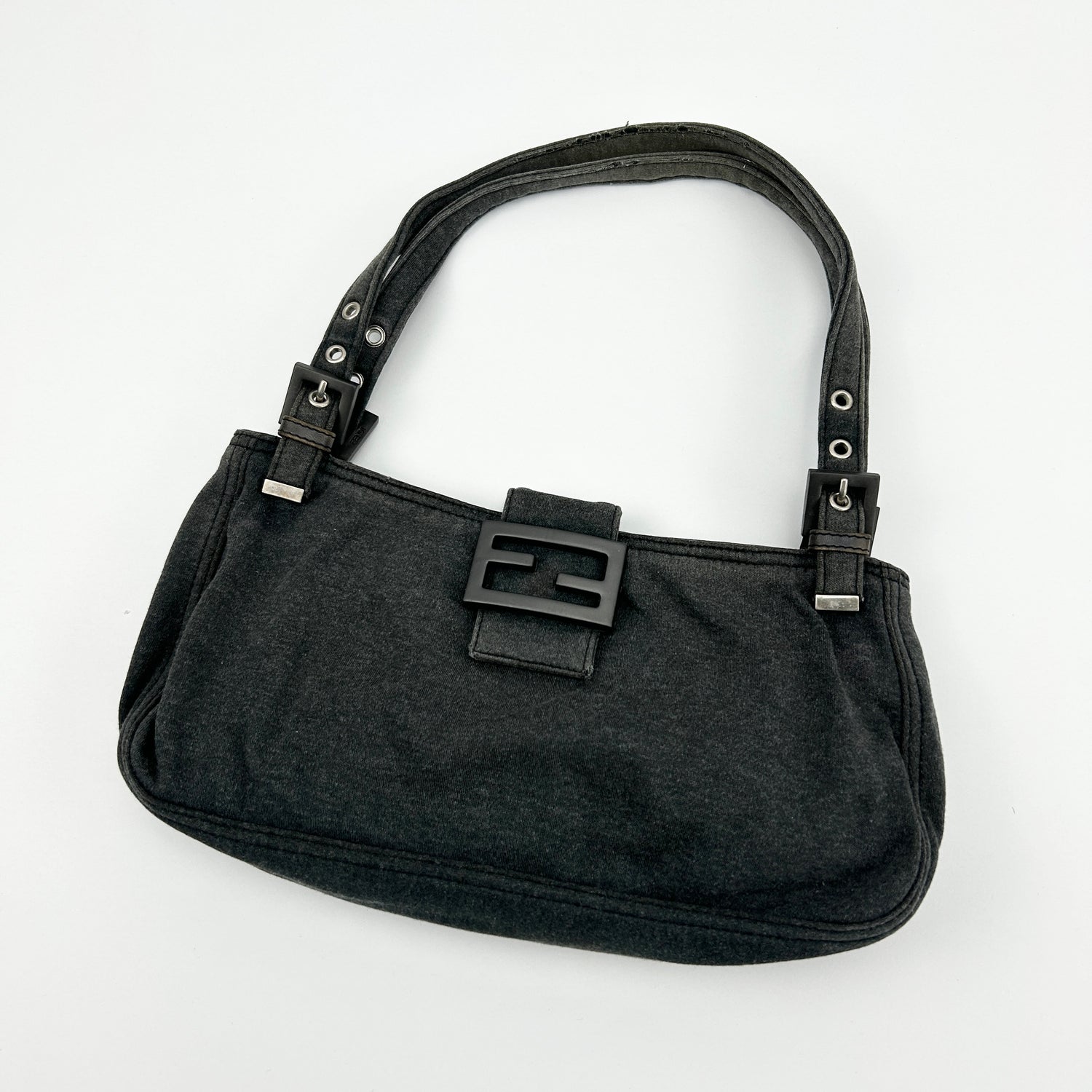 Vintage Fendi Dark Grey Jersey Cloth FF Buckle Shoulder Bag