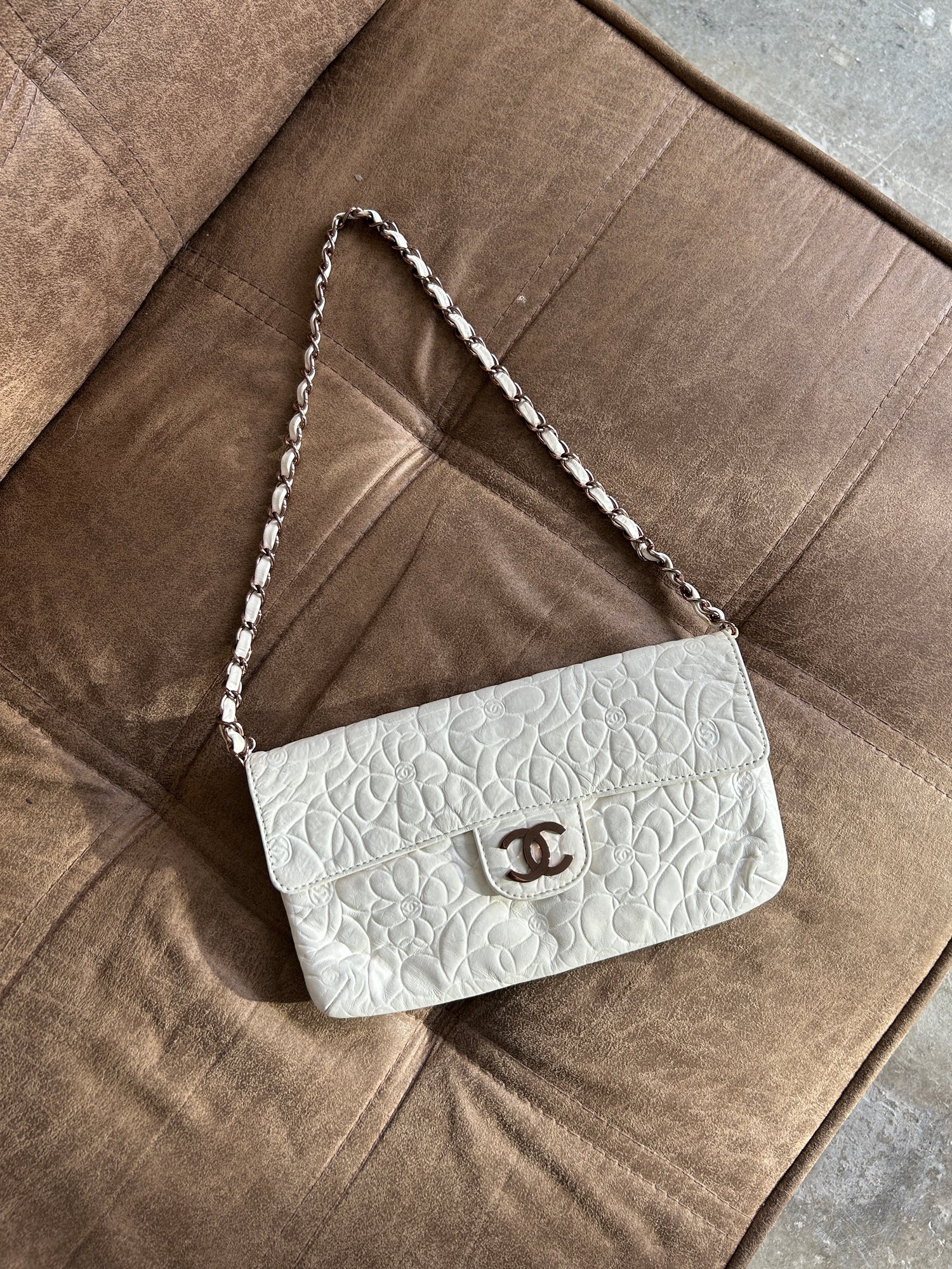 Vintage Chanel Camellia Classic Single Flap White Shoulder Bag (2003-2004)