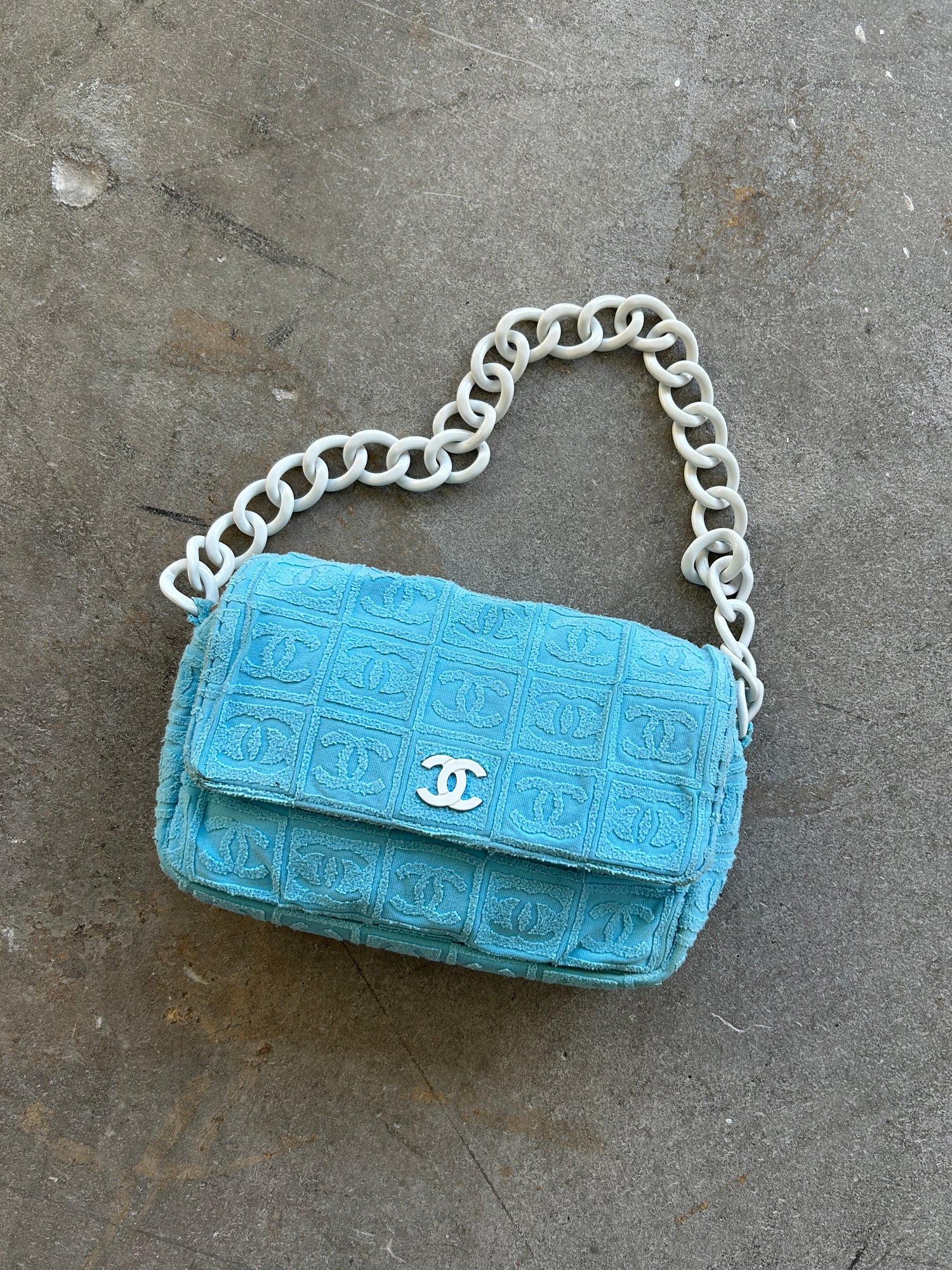 Vintage Chanel Baby Blue CC Terry Cloth Shoulder Bag (2003)