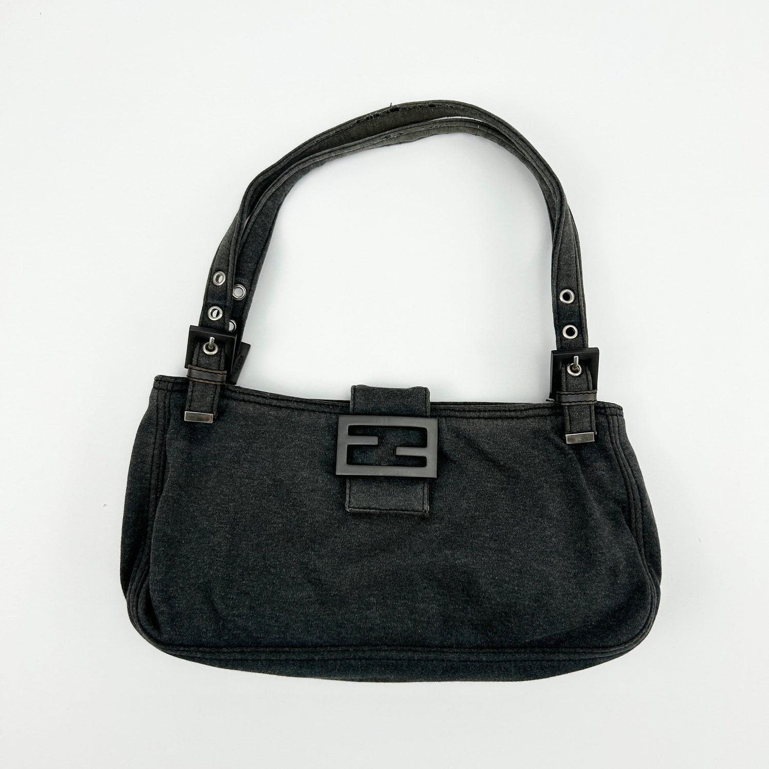 Vintage Fendi Dark Grey Jersey Cloth FF Buckle Shoulder Bag