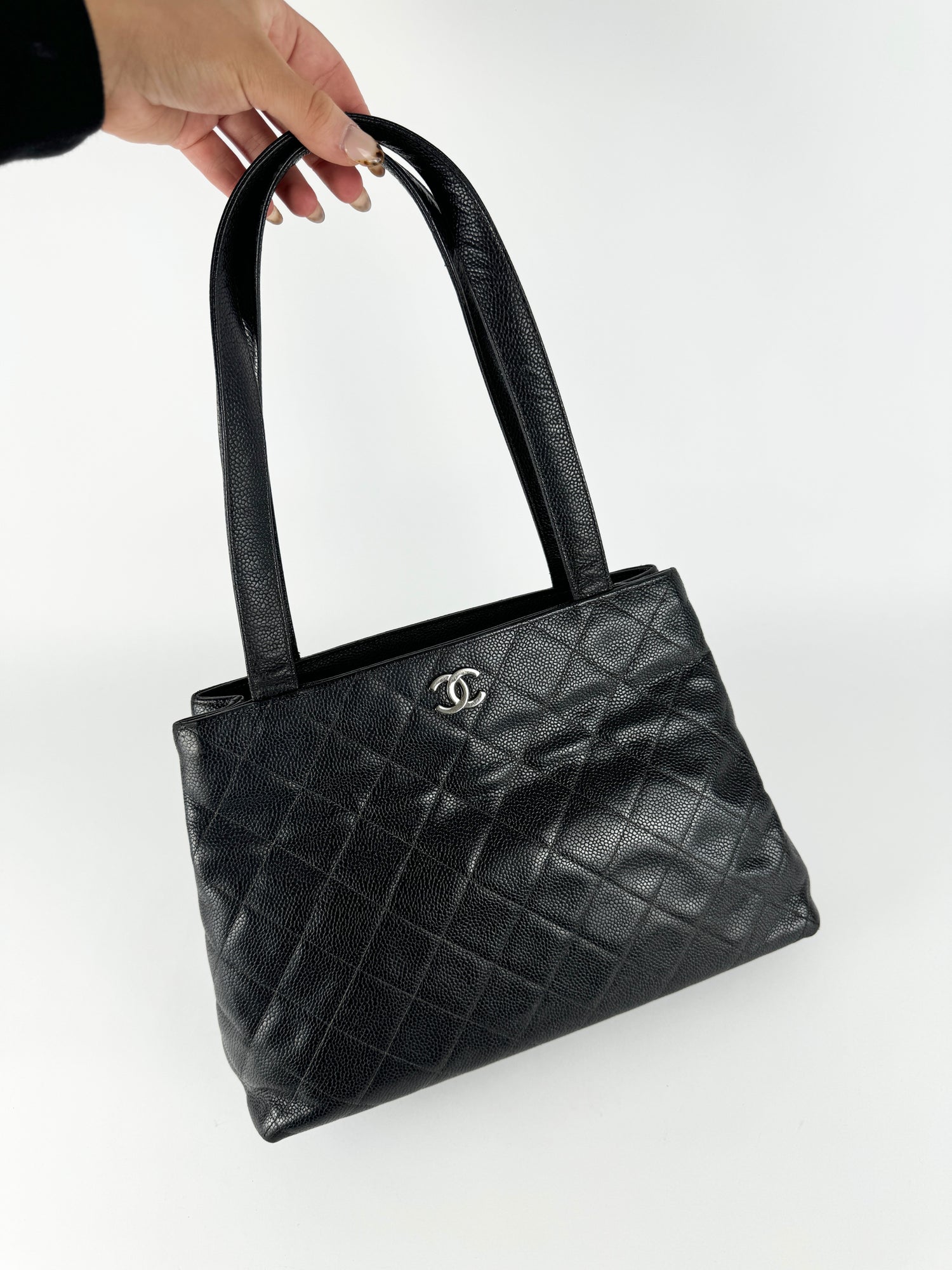 Vintage Chanel CC Black Caviar Quilted Matelasse Tote Bag