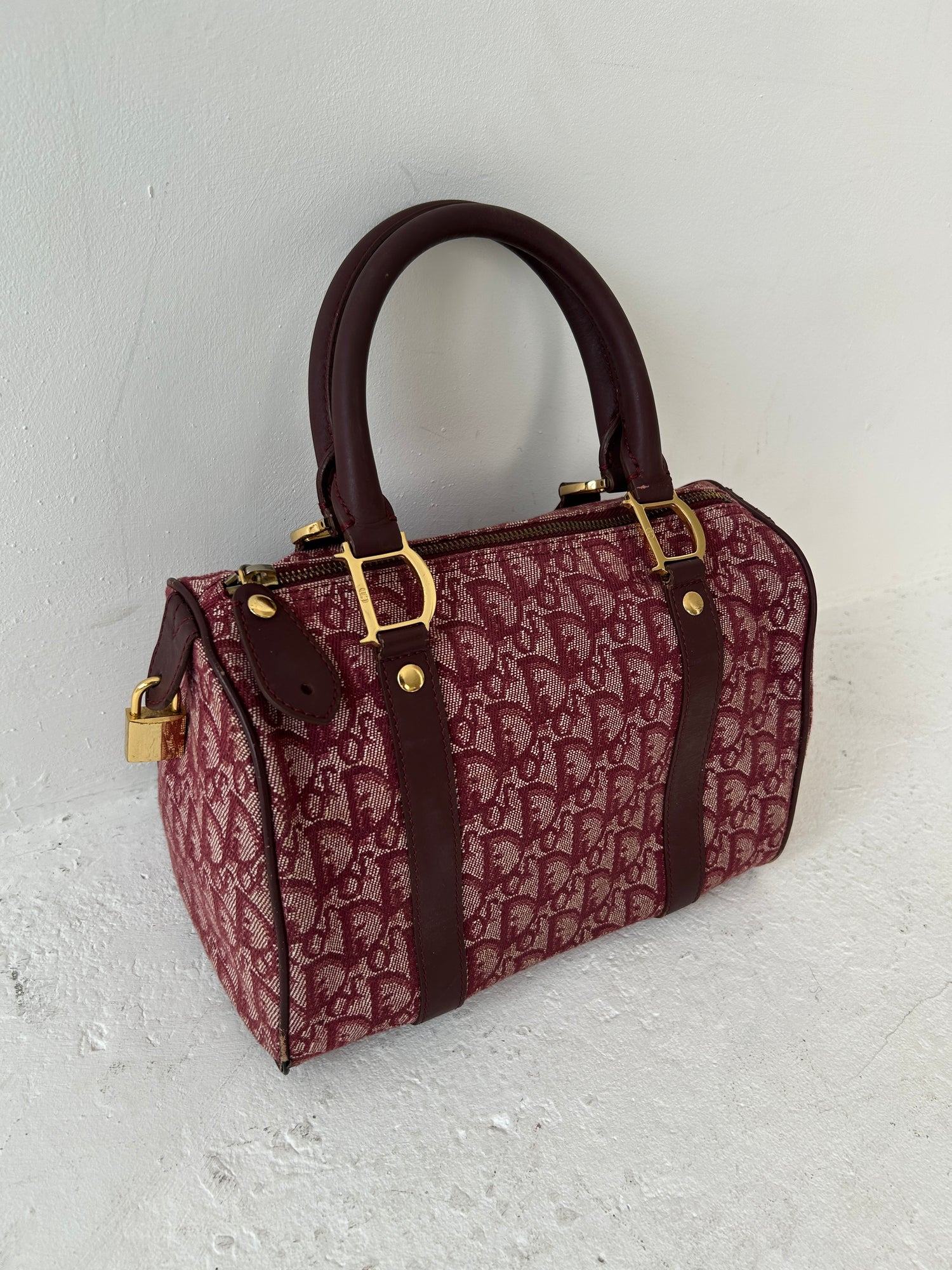 Vintage Christian Dior Monogram Bordeaux Red Boston Handbag (2003)