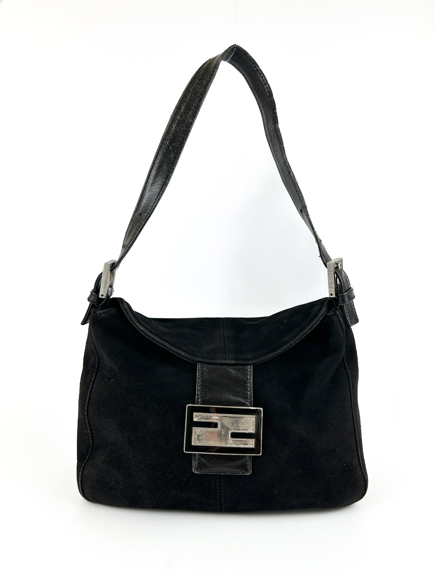 Vintage Fendi Black Suede Mamma Baguette Shoulder Bag